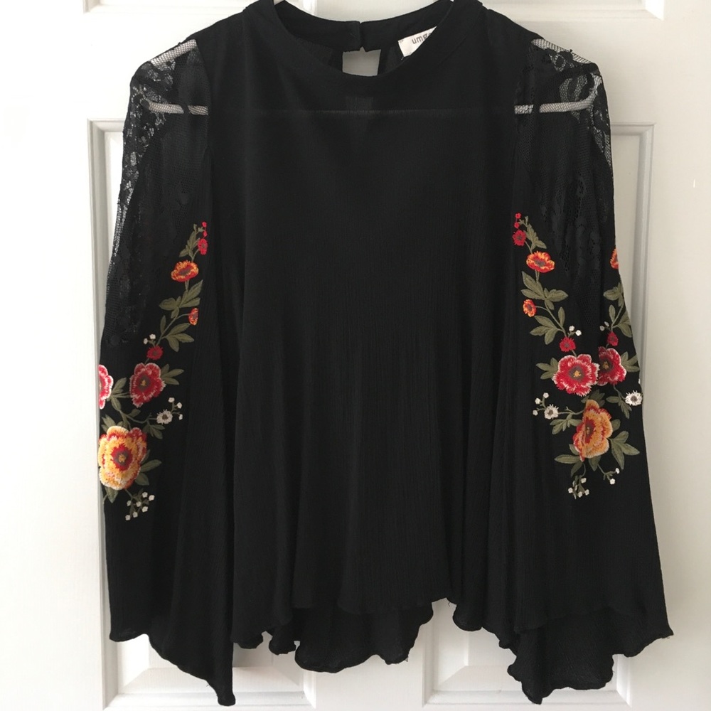 Umgee Floral Embroidered Black Blouse Bell Sleeves
